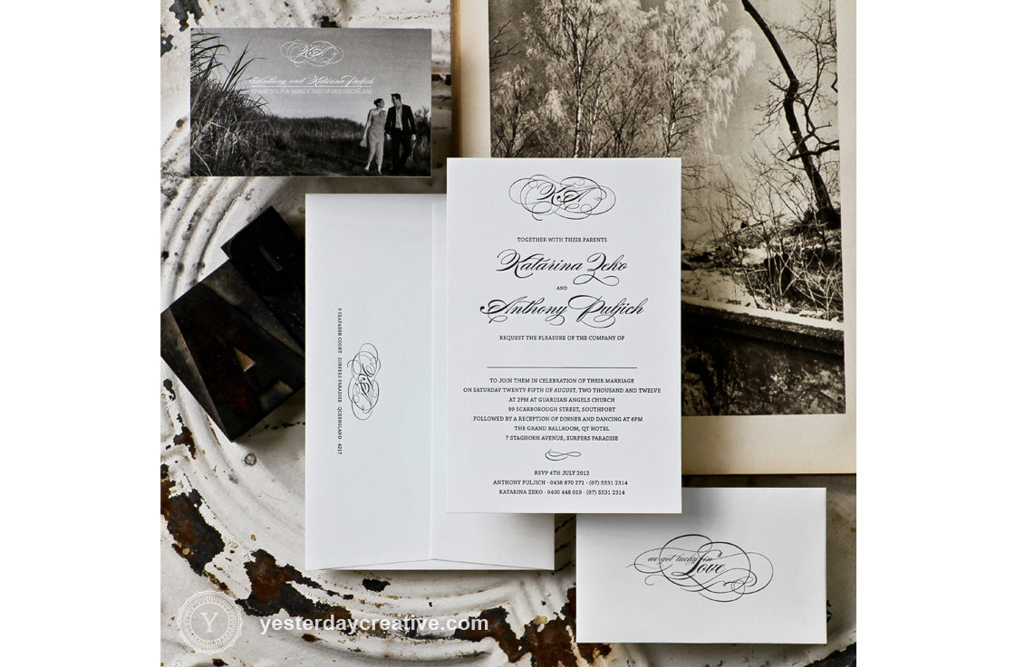 Katarina and Anthony Classic Flourish Letterpress Black and White Monogram Wedding Invitation