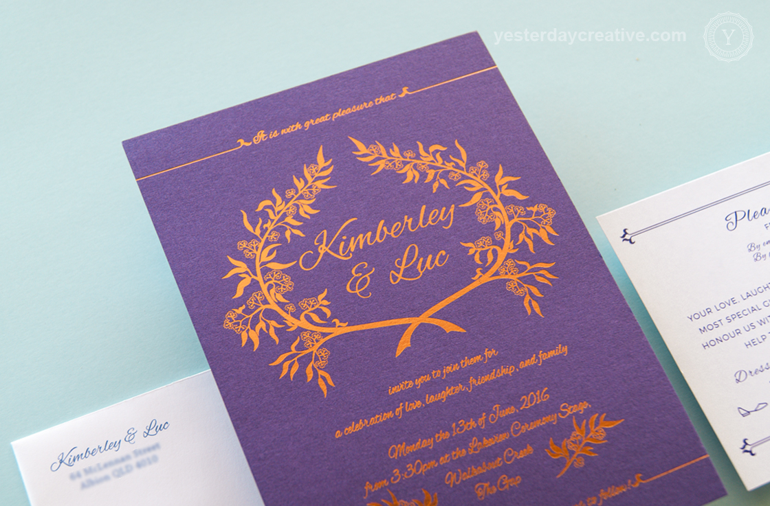 Kimberley & Luc Copper Foil & Purple Custom Wedding Invitation