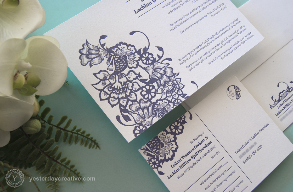 Leilani & Lachlan Modern Floral and Fern Purple Letterpress Wedding Invitation