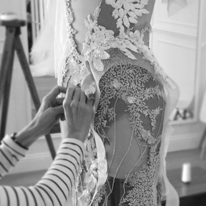 MXM Couture Weddding Dress designer Hand Sewing in studio - Yesterday Creative Letterpress blog