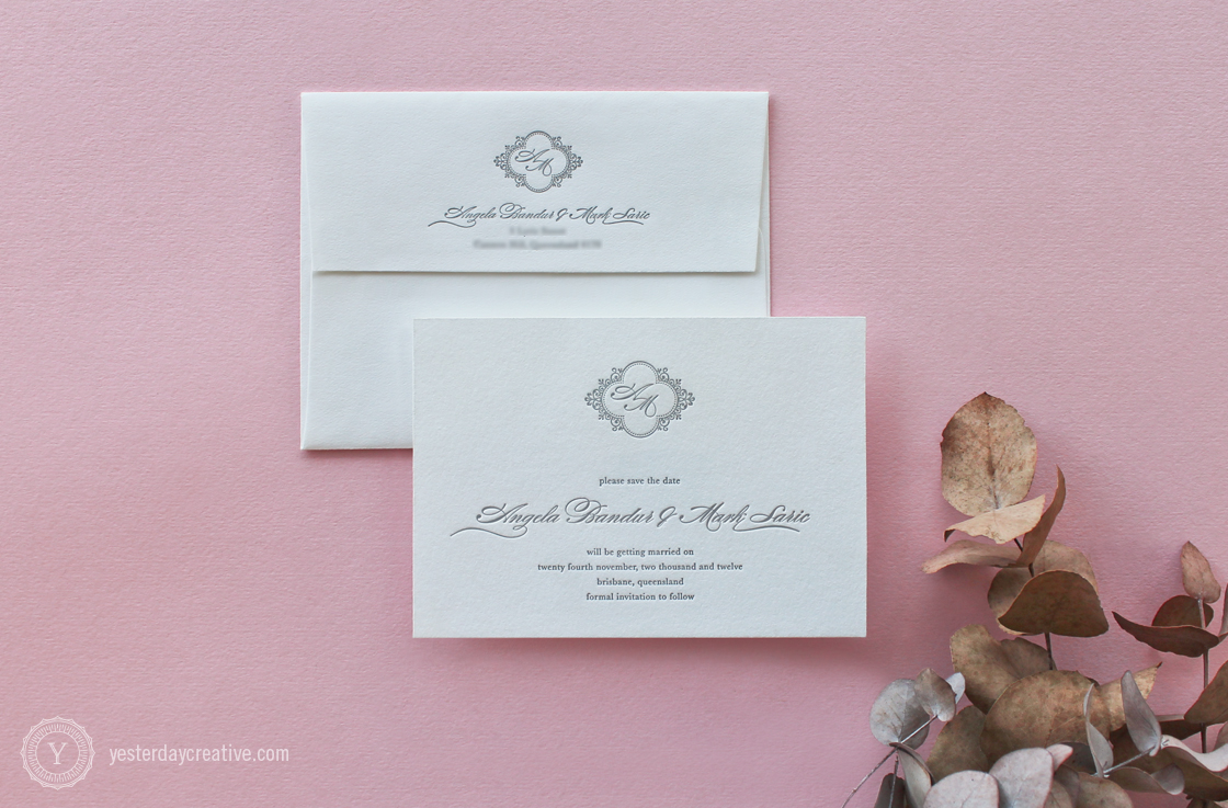 Yesterday Creative Letterpress Wedding Stationery Brisbane -Design & Print - Angela & Mark, Save the Date - classic script typesetting and custom monogram letterpressed in grey ink on white cotton paper with matching white cotton envelope.