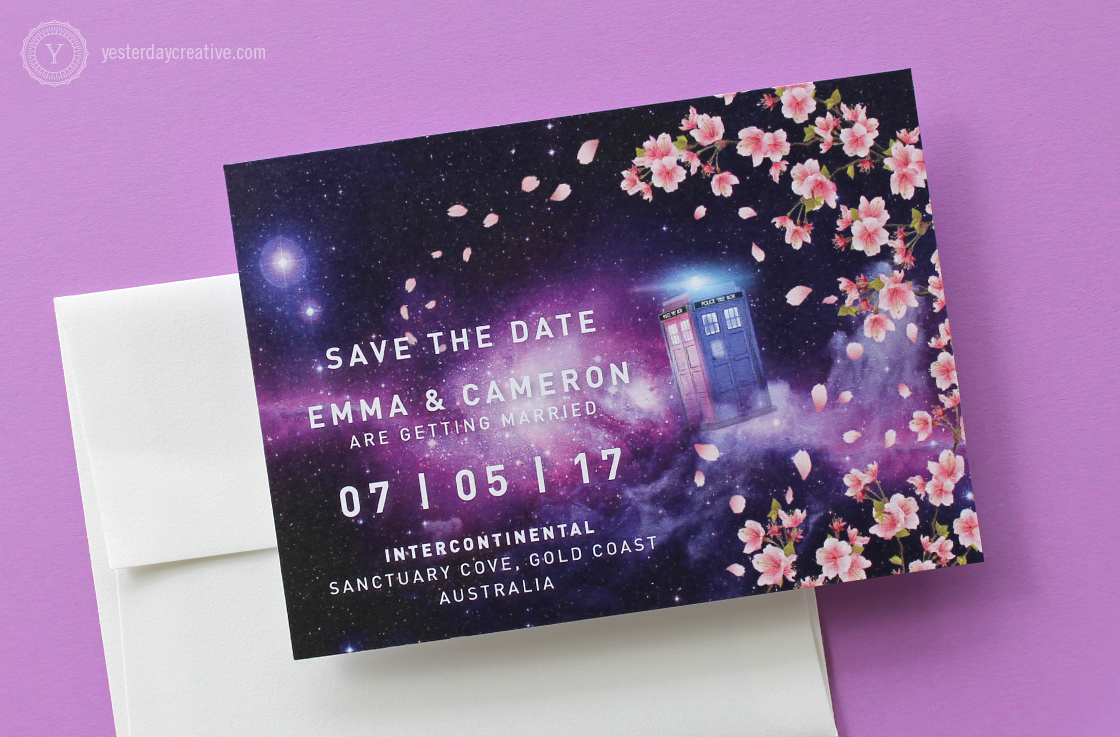 Yesterday Creative Letterpress Brisbane -Design & Print - Wedding & Event Stationery - Emma & Cameron - Save the Date card, digitally printed Doctor Who themed custom design featuring pink cherry blossoms and the Tardis with a galaxy background and white typesetting - detail.
