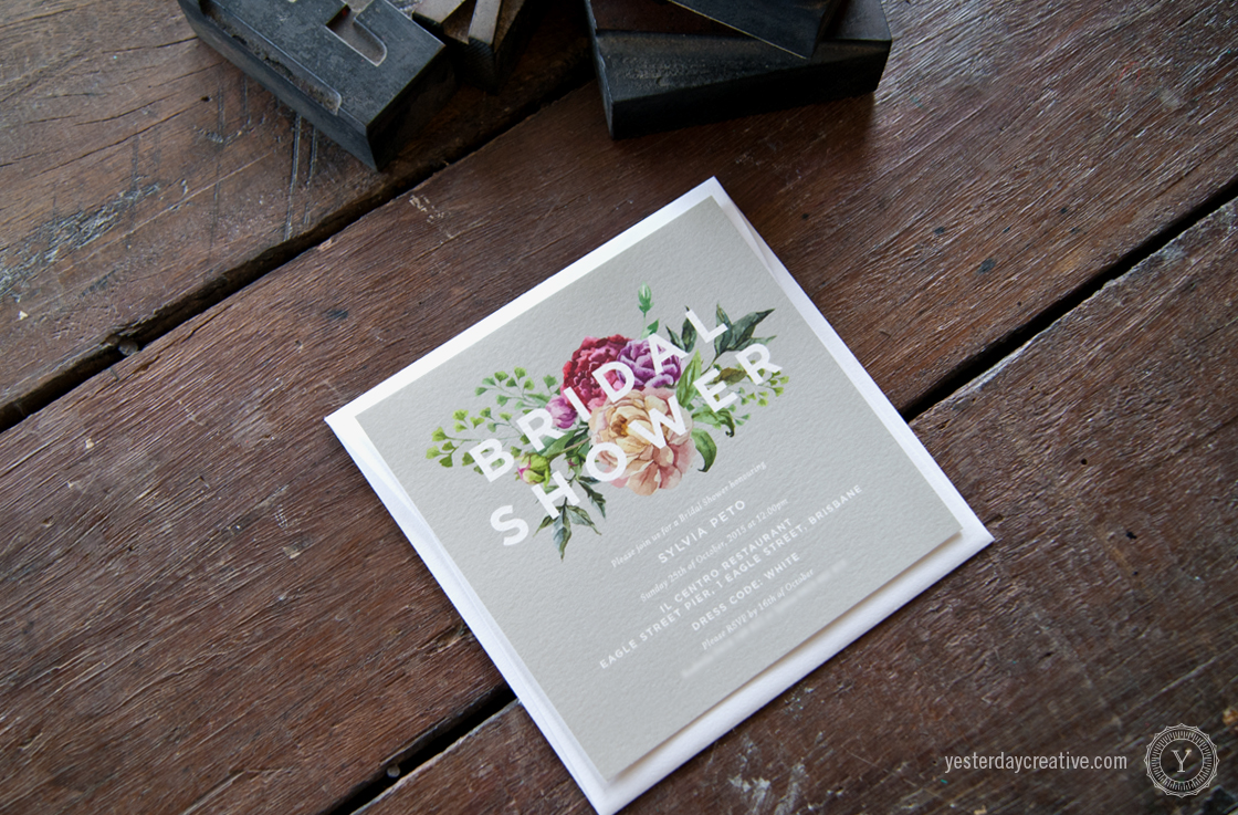 Yesterday Creative Letterpress Brisbane -Design & Print - Wedding & Event Stationery - Sylvia's digitally printed floral Bridal Shower Invitation with magenta flowers and grey background with white sans-serif typography