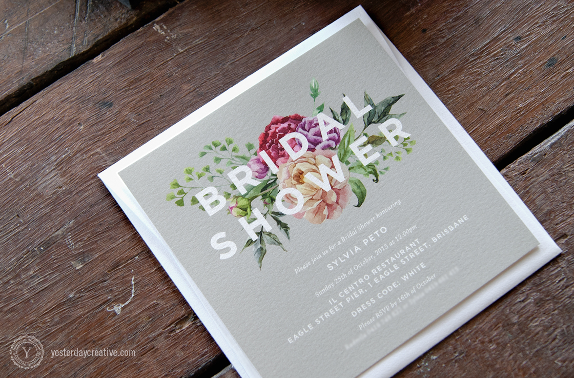 Yesterday Creative Letterpress Brisbane -Design & Print - Wedding & Event Stationery - Sylvia's digitally printed floral Bridal Shower Invitation with magenta flowers and grey background with white sans-serif typography - Detail