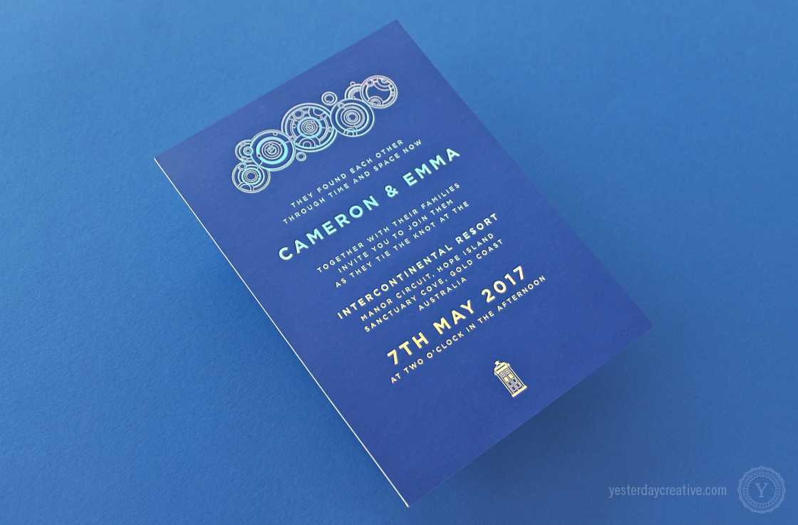 Emma & Cameron's custom designed Yesterday Creative Letterpress Wedding Stationery Doctor Who themed Invitation suite duplexed with silver Holographic Foil in Indigo paper - Invitation detail
