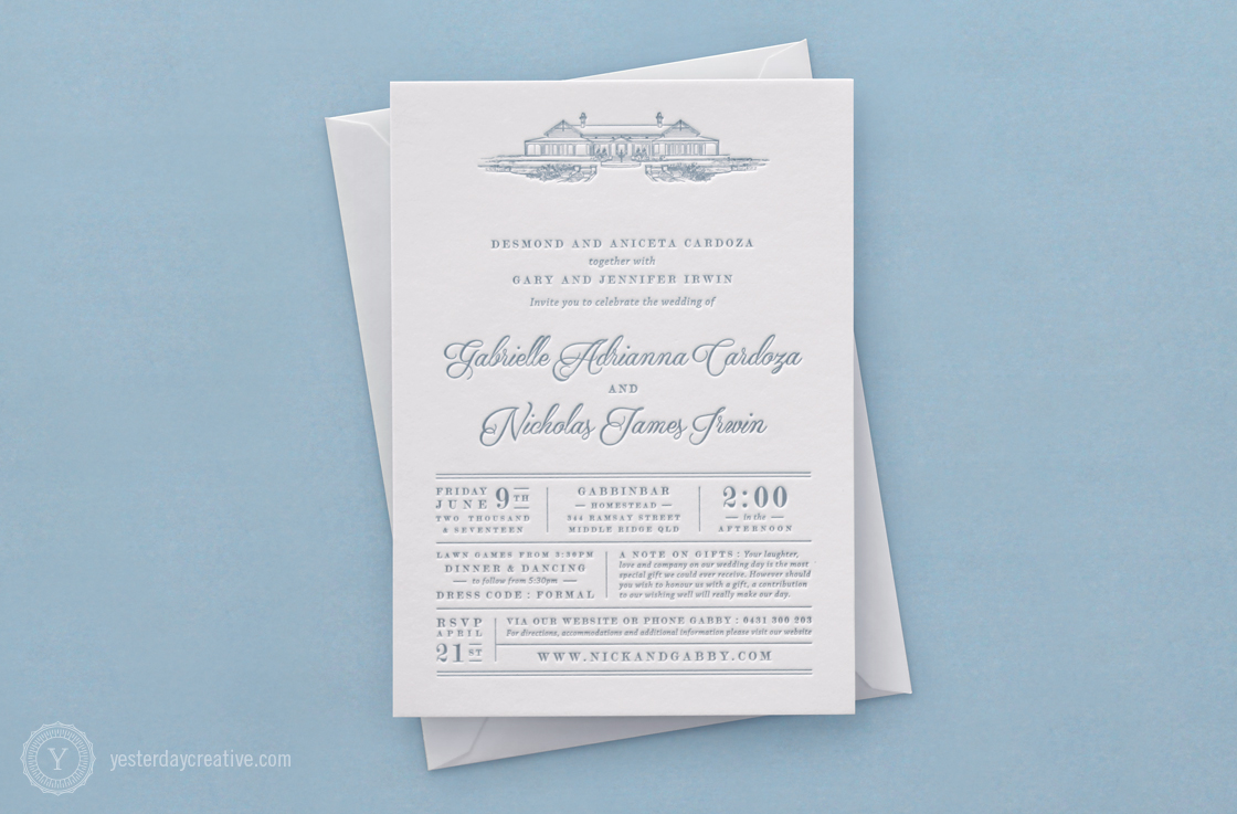 Gabrielle & Nicholas Letterpress Wedding invitation printed in light blue Ink on white cotton paper featuring a sketch of Gabbinbar Homestead