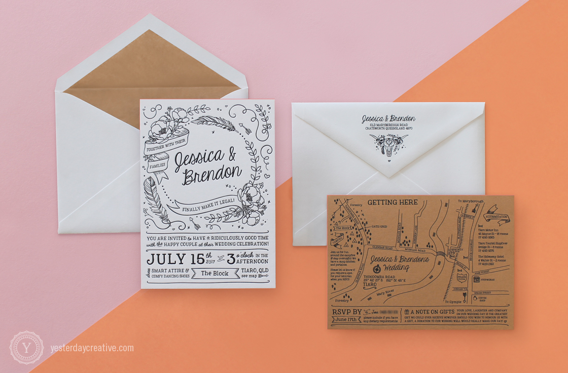Jessica & Brendon custom illustrated Letterpress Wedding Stationery Suite printed in black Ink on white and kraft brown paper with coral pink edge painting and matching envelope liner