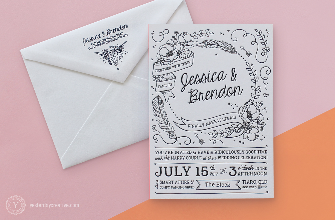 Jessica & Brendon custom illustrated Letterpress Wedding invitation printed in black Ink on white cotton paper with coral pink edge painting and matching envelope design.