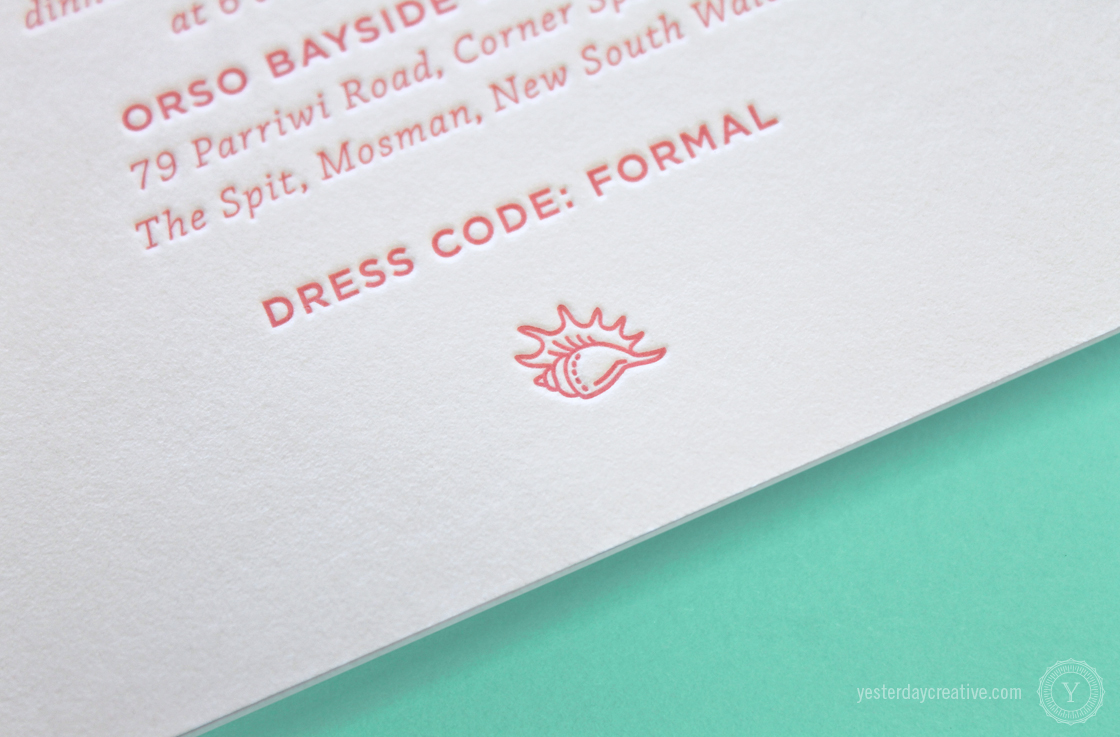 Mark & Nicole's seaside themed Letterpress Wedding invitation printed in coral pink on white cotton paper featuring a conch shell.