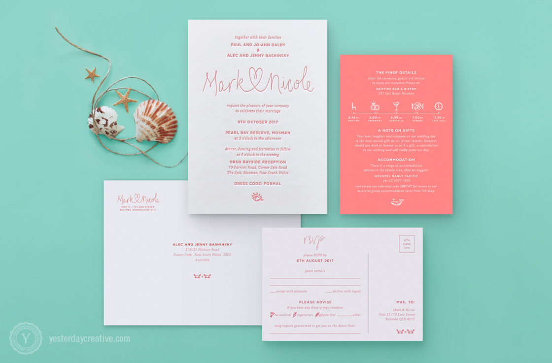 Mark & Nicole's seaside themed Letterpress Wedding invitation printed in coral pink on white cotton paper, with matching digitally printed coral pink information card, RSVP card and cotton envelope.