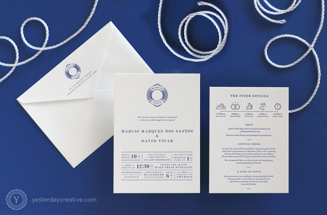 Yesterday Creative Letterpress Blue Same Sex Marriage Napkins Invitations Details Card Monogram Naudic Themed