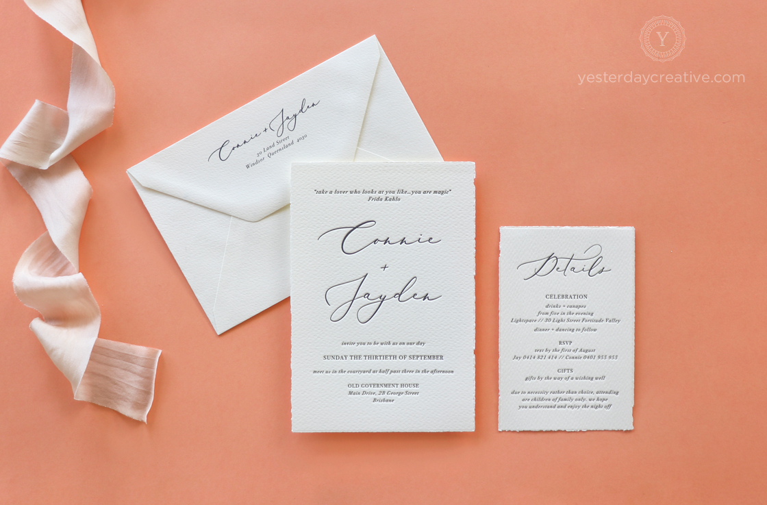 Yesterday Creative Letterpress Wedding Invitations Typographic Minimal Calligraphy Classic Modern Deckle Edge Charcoal