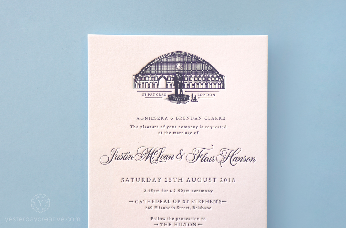 Yesterday Creative Letterpress Wedding Invitations Romance Vintage London St Pancras Station Illustration Destination Icons Navy