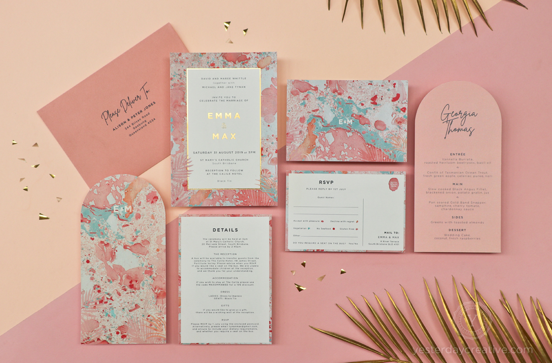 Yesterday Creative Letterpress The Calile Hotel Palm Springs Flamingo Palms Marble Pink Arch Menus Gold Foil Modern
