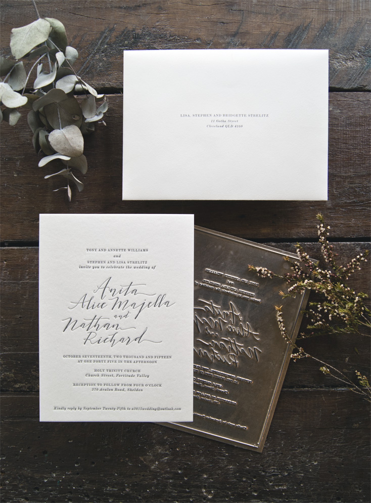 Anita & Nathan Letterpress Wedding Invitation by Yesterday Creative