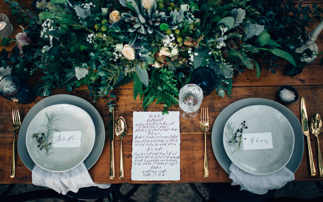 Gold Cutlery - Table Setting - Floral Centrepiece - Hand Type Menu - Placecards - Copper & Gold Wedding Styling Inspiration - Yesterday Creative Letterpress - Blog