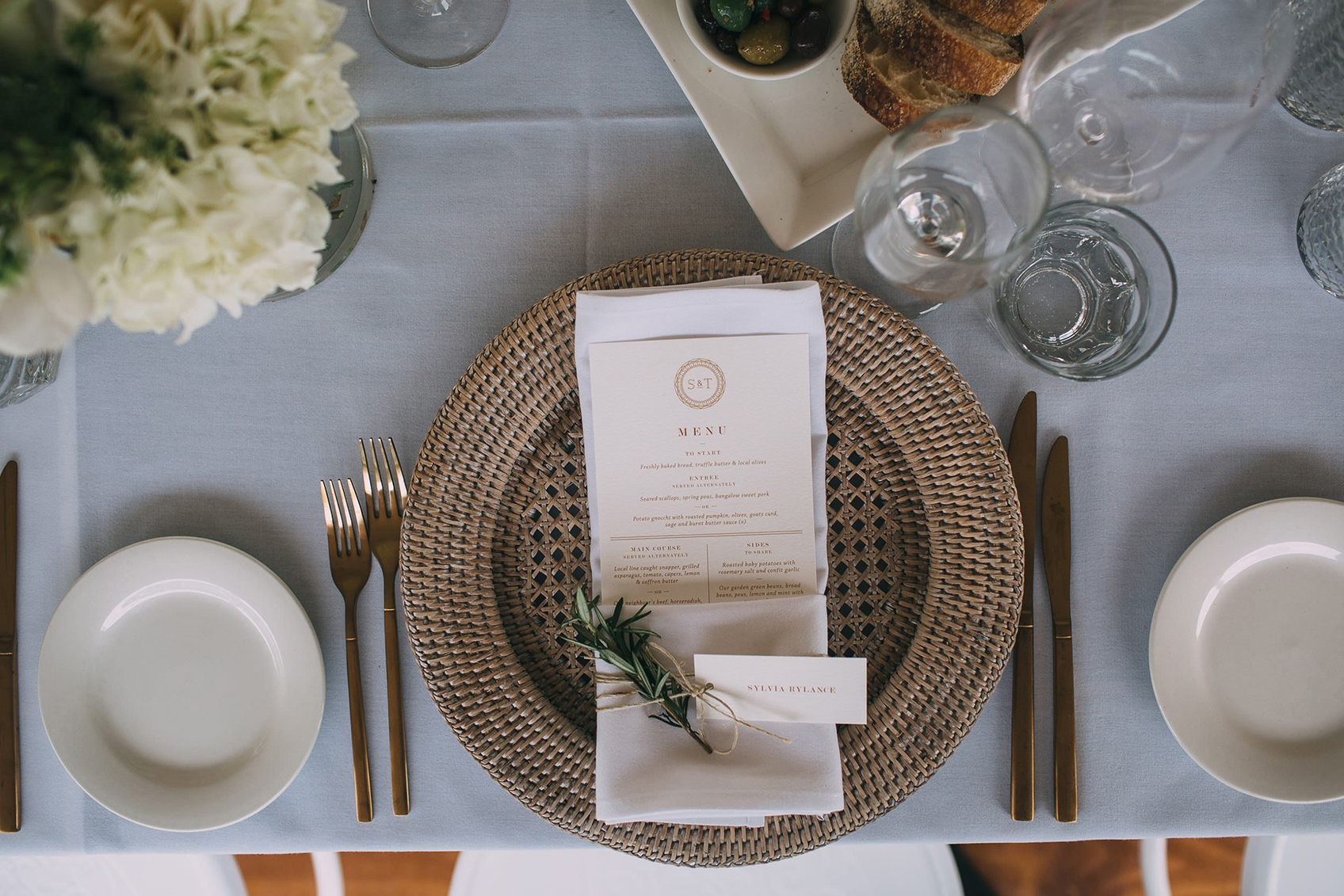 Gold Cutlery with Woven Charger Plate Table Setting and Menus - Copper & Gold Wedding Styling Inspiration - Yesterday Creative Letterpress Blog