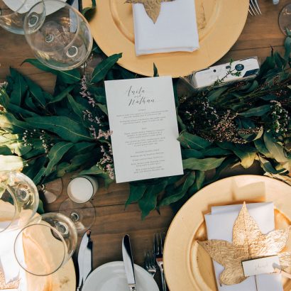 Gold Plate Full Table Setting with Leaf Place Card - Copper & Gold Wedding Styling Inspiration - Yesterday Creative Letterpress Blog