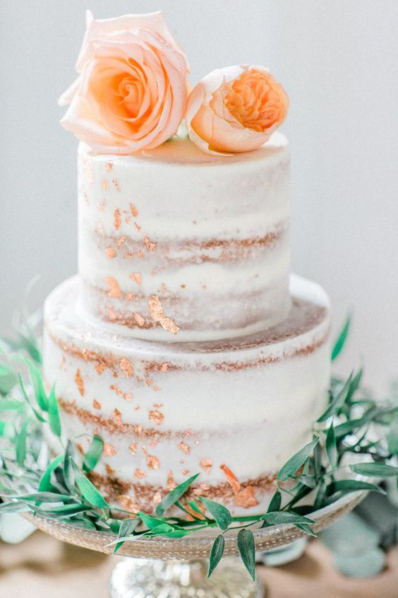 Tiered Naked Wedding Cake - Foil Leaf and fresh Rose - Copper & Gold Wedding Styling Inspiration - Yesterday Creative Letterpress - Blog
