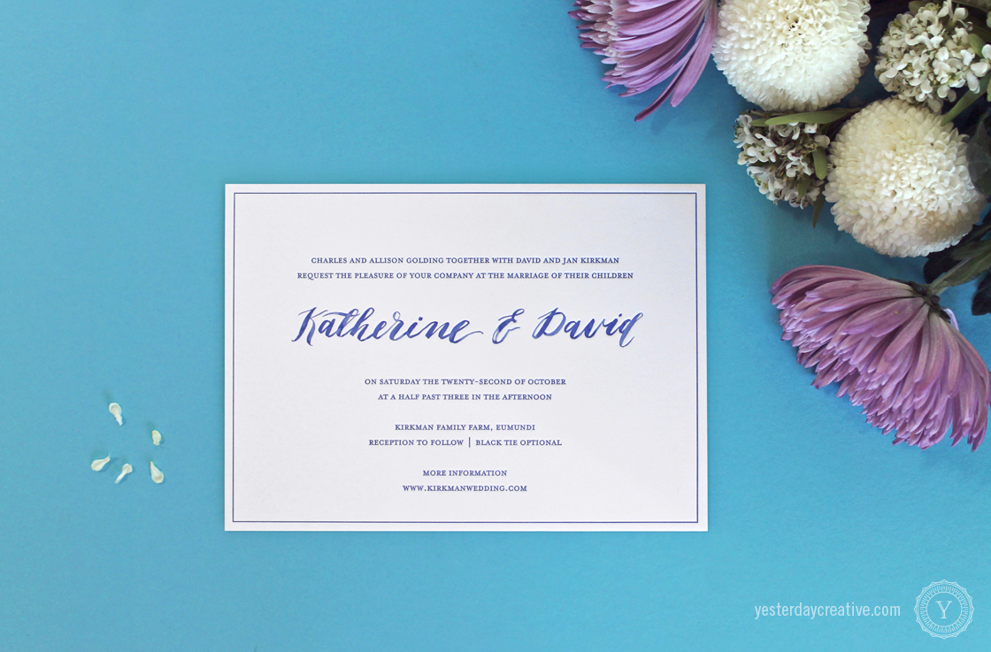Yesterday Creative Letterpress Wedding Stationery Brisbane, Design & Print - Katherine & David Invitation printed in Royal Blue on white cotton paper with blue watercolour hand script