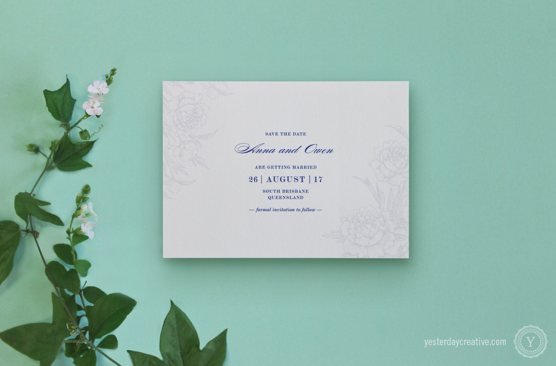 Yesterday Creative Letterpress Wedding Stationery Brisbane -Design & Print - Anna & Owen, Save the Date - Vintage floral, classic script typesetting and floral rose/peony elements digitally printed in navy blue.