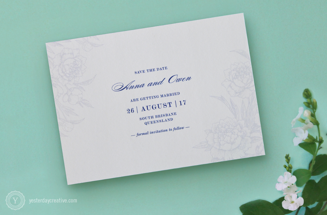 Yesterday Creative Letterpress Wedding Stationery Brisbane -Design & Print - Anna & Owen, Save the Date - Vintage floral, classic script typesetting and floral rose/peony elements digitally printed in navy blue - Detailed view.