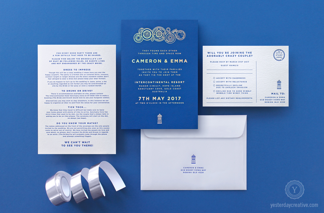 Emma & Cameron's custom designed Yesterday Creative Letterpress Wedding Stationery Doctor Who themed Invitation suite duplexed with silver Holographic Foil in Indigo paper