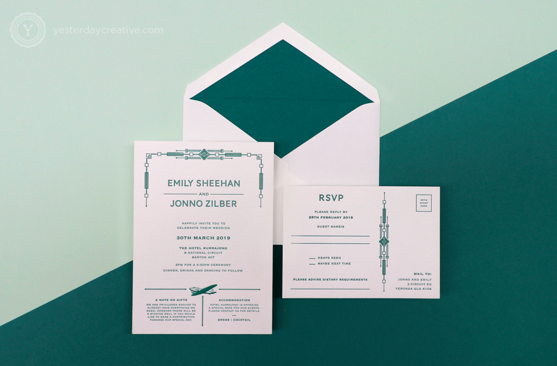 Yesterday Creative Letterpress Canberra Wedding Invitation RSVP Card Art Deco Aviation Plane Aircraft Pattern Kurrajong Hotel Emerald